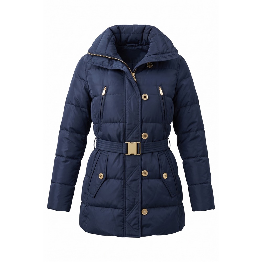 Michael Michael Kors Navy Blue Belted Puffer Jacket Faux Fur Hood XXS RN 79675
